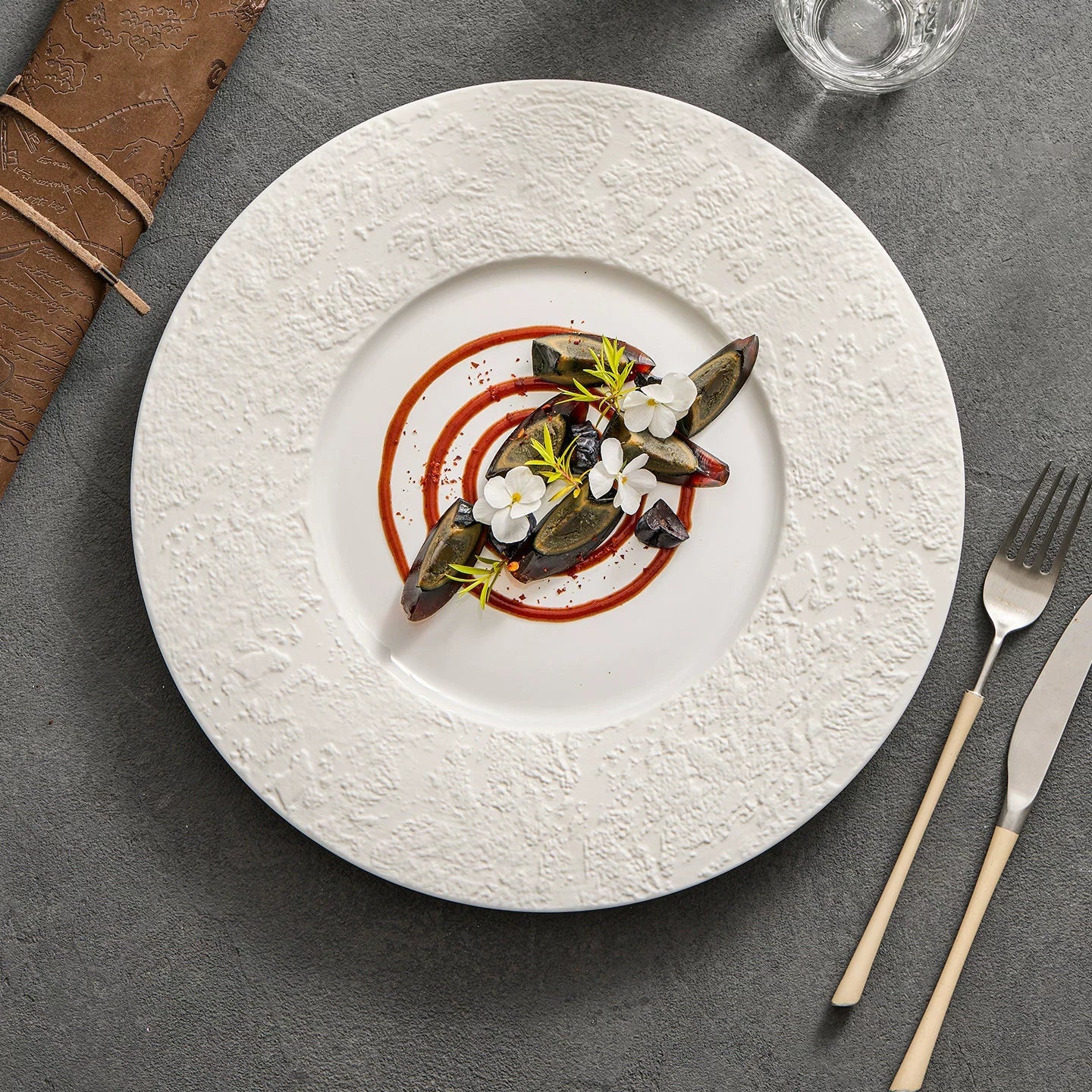 "Phantom Sand" Wide-Rim Ceramic Flat Plate – Minimalist Textured White Dinnerware