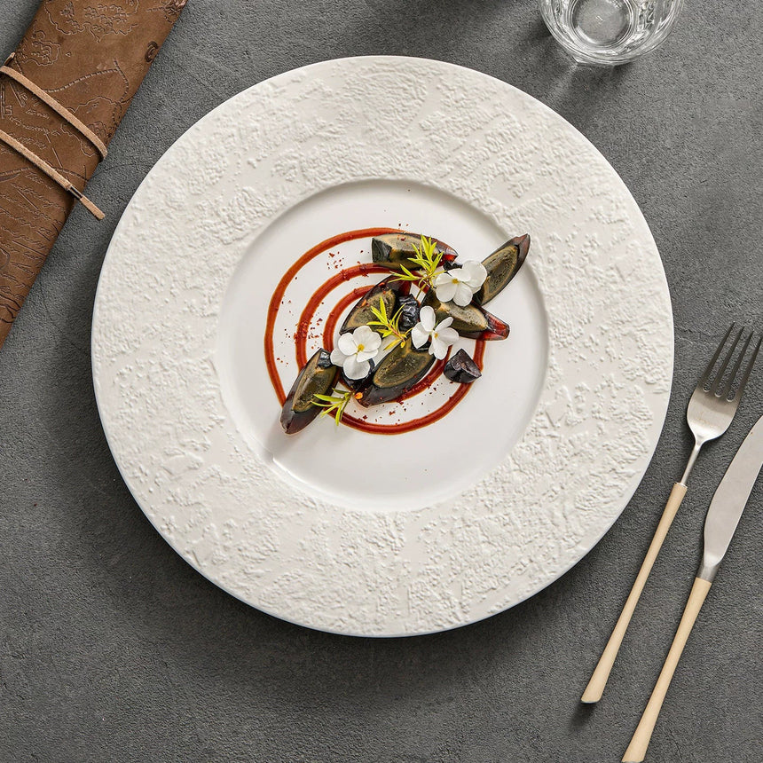 "Phantom Sand" Wide-Rim Ceramic Flat Plate – Minimalist Textured White Dinnerware