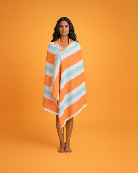 Coral Coast Hammam Towel, Recycled Cotton – Orange and Mint