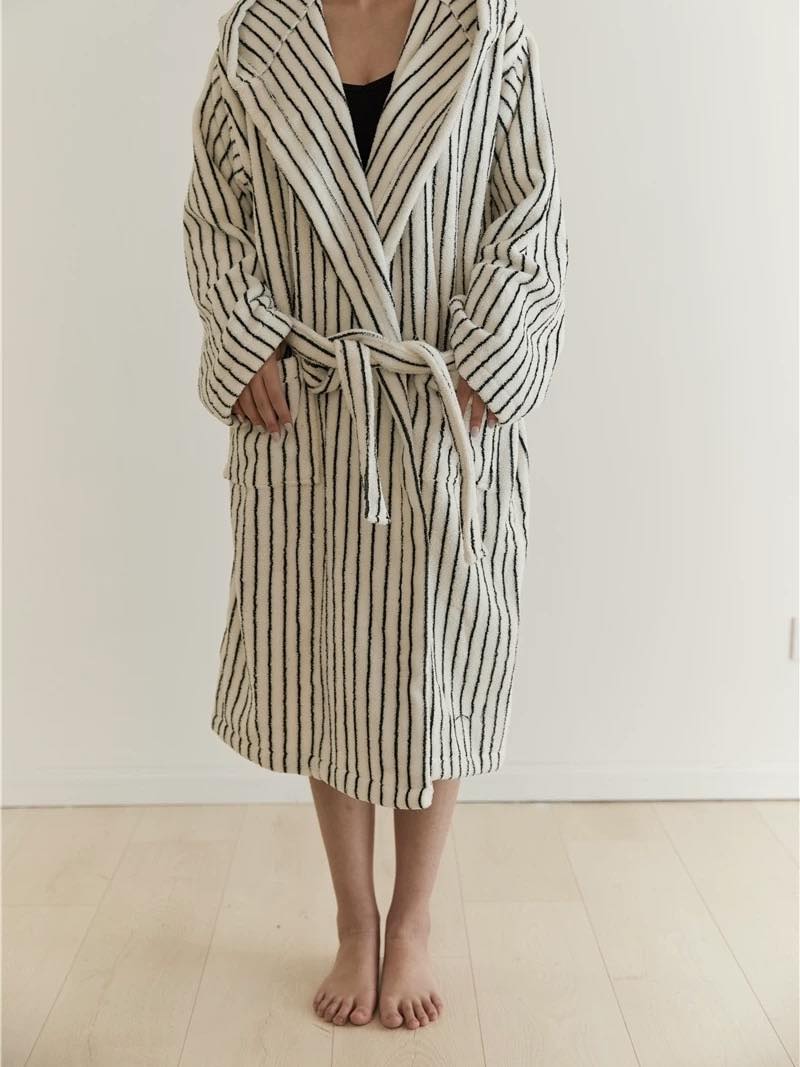 Retro stripe hooded bathrobe in organic cotton