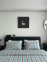 Retro Jersey Knit Blue Stripe Queen Bedding Set with Pillowcases & Fitted Sheet