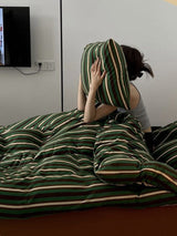Retro Jersey Knit Stripe Queen Duvet Cover Set with Pillowcases & Fitted Sheet