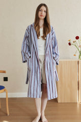 Retro Pastel Stripe Cotton Bath Robe - Plush Soft Absorbent Lounge Robe
