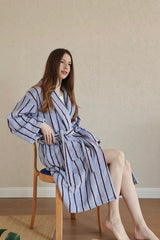 Retro Pastel Stripe Cotton Bath Robe - Plush Soft Absorbent Lounge Robe