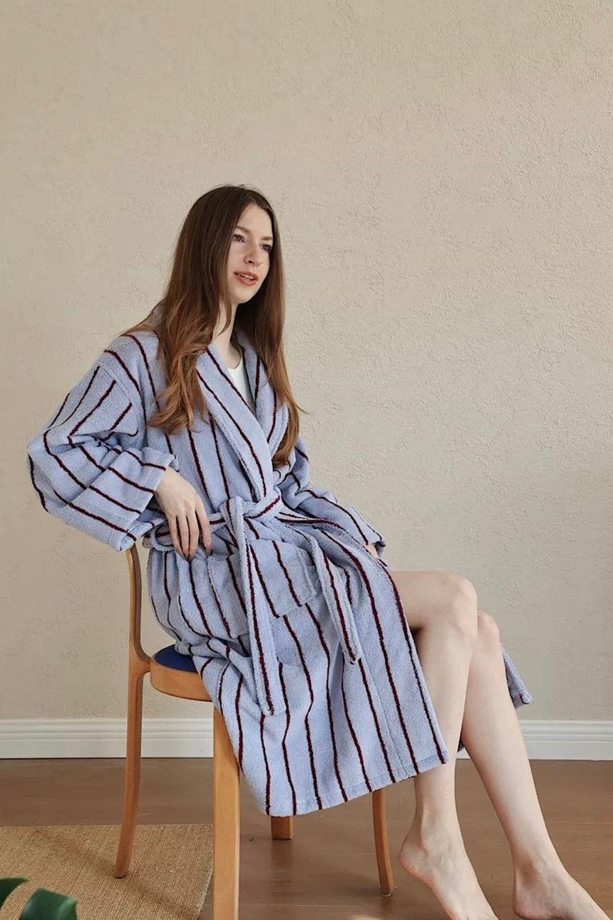 Retro Pastel Stripe Cotton Bath Robe - Plush Soft Absorbent Lounge Robe