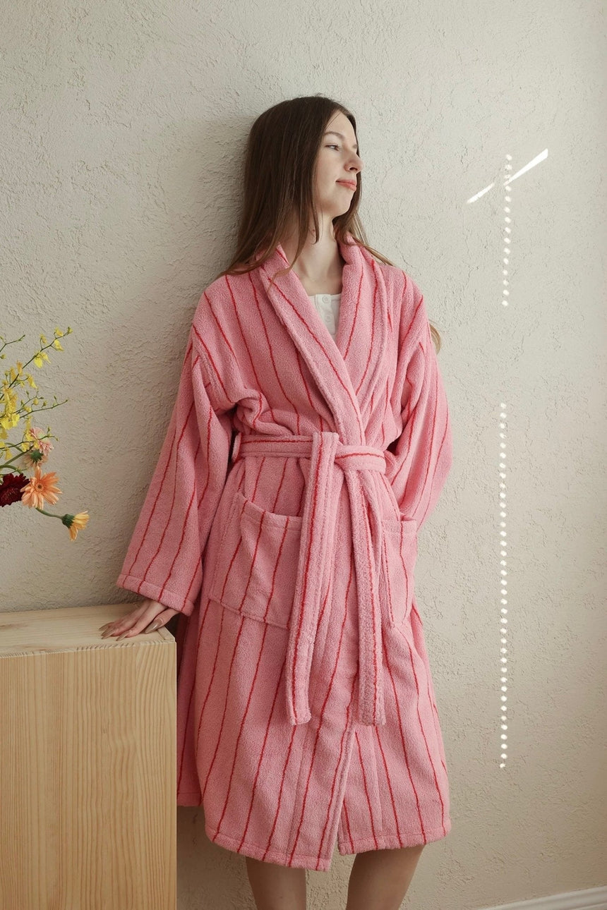 Retro Pastel Stripe Cotton Bath Robe - Plush Soft Absorbent Lounge Robe