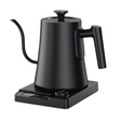 Black gooseneck electric kettle on a base with a digital display