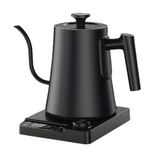 Black gooseneck electric kettle on a base with a digital display
