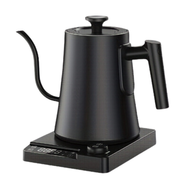 Black gooseneck electric kettle on a base with a digital display