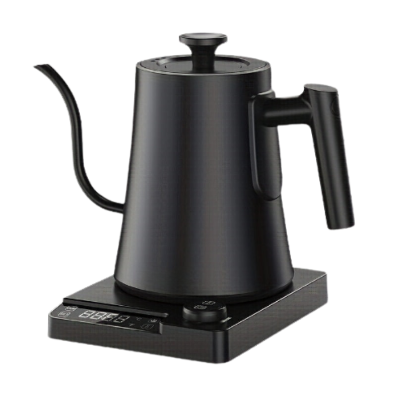 Black gooseneck electric kettle on a base with a digital display