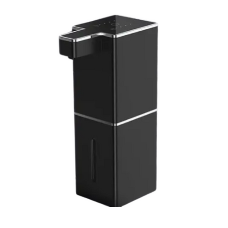 Black square touchless foaming soap dispenser with a silver band