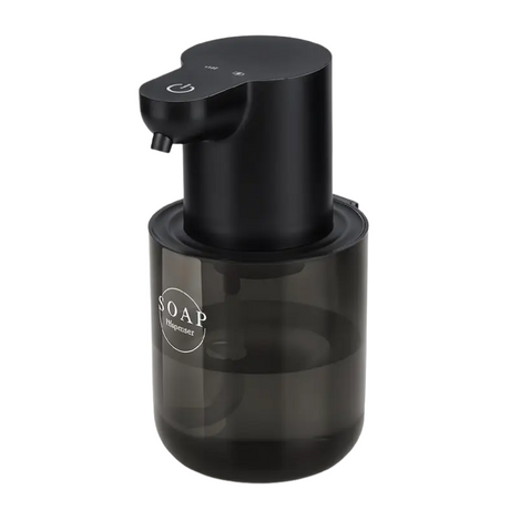 Black sensor soap dispenser with a smoky see-through tank printed SOAP
