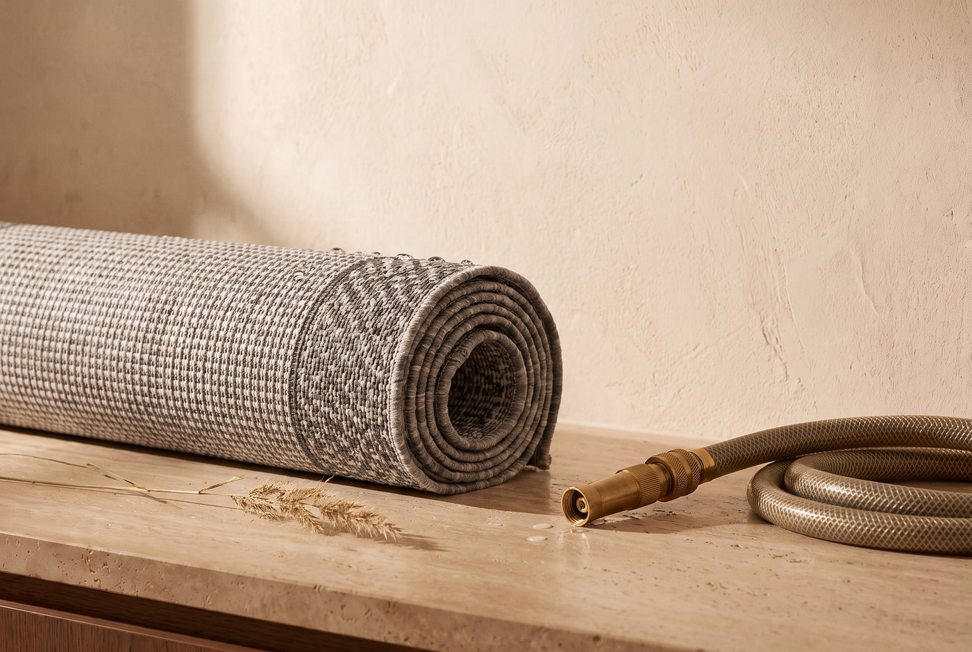 Rolled grey polypropylene outdoor rug beside a brass hose nozzle after rinsing