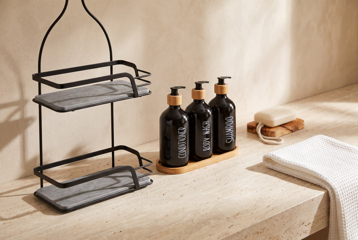 Shower organiser, labelled bathroom bottle set, olive wood soap dish and folded towel