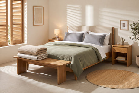 Eucalyptus muslin duvet cover on a double bed with folded waffle and striped cotton bedding on a bench