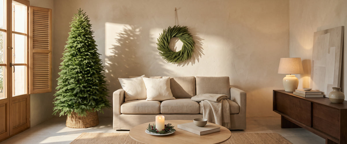 Living room with an undecorated Christmas tree, a pine wreath above the sofa and a candle ring on the coffee table