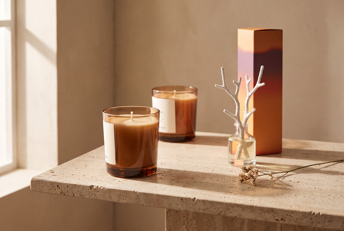 Two unlit candles and a Rosewood reed diffuser on a travertine console with a dried flower