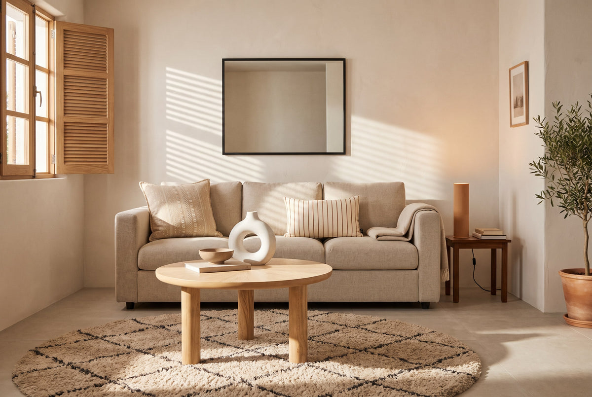 Neutral sofa with embroidered and striped cushions beside a round wood coffee table on a shaggy rug
