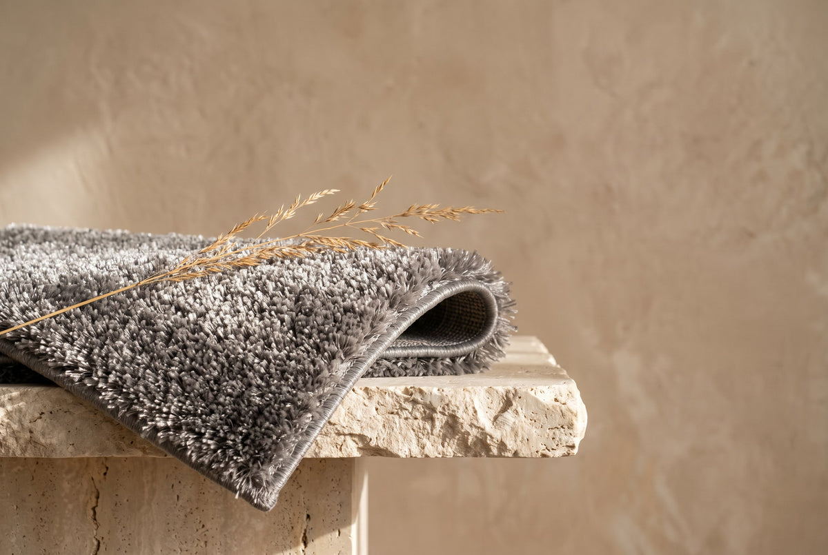 Folded corner of a grey high-pile polyester rug with a dried grass stem on stone