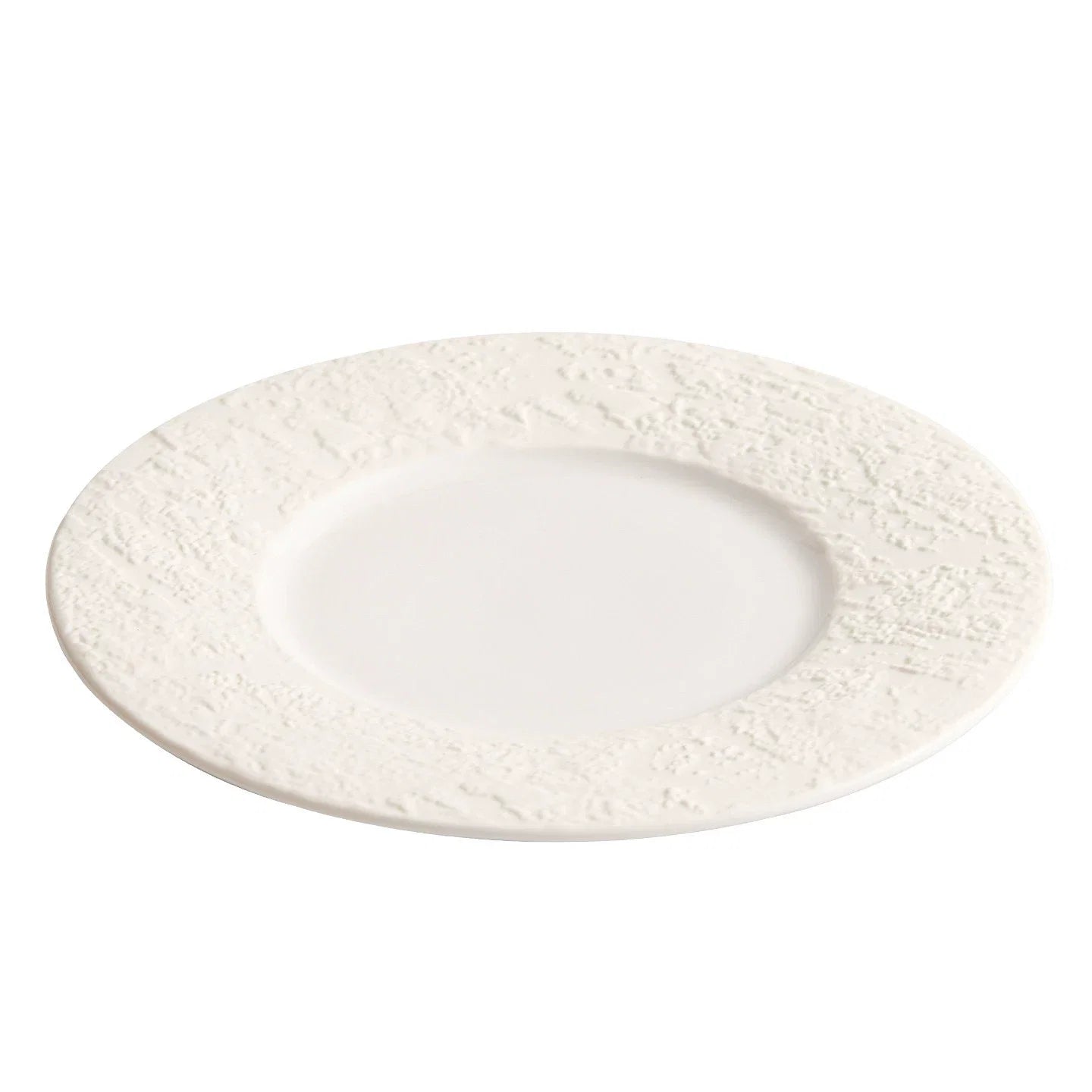 "Phantom Sand" Wide-Rim Ceramic Flat Plate – Minimalist Textured White Dinnerware