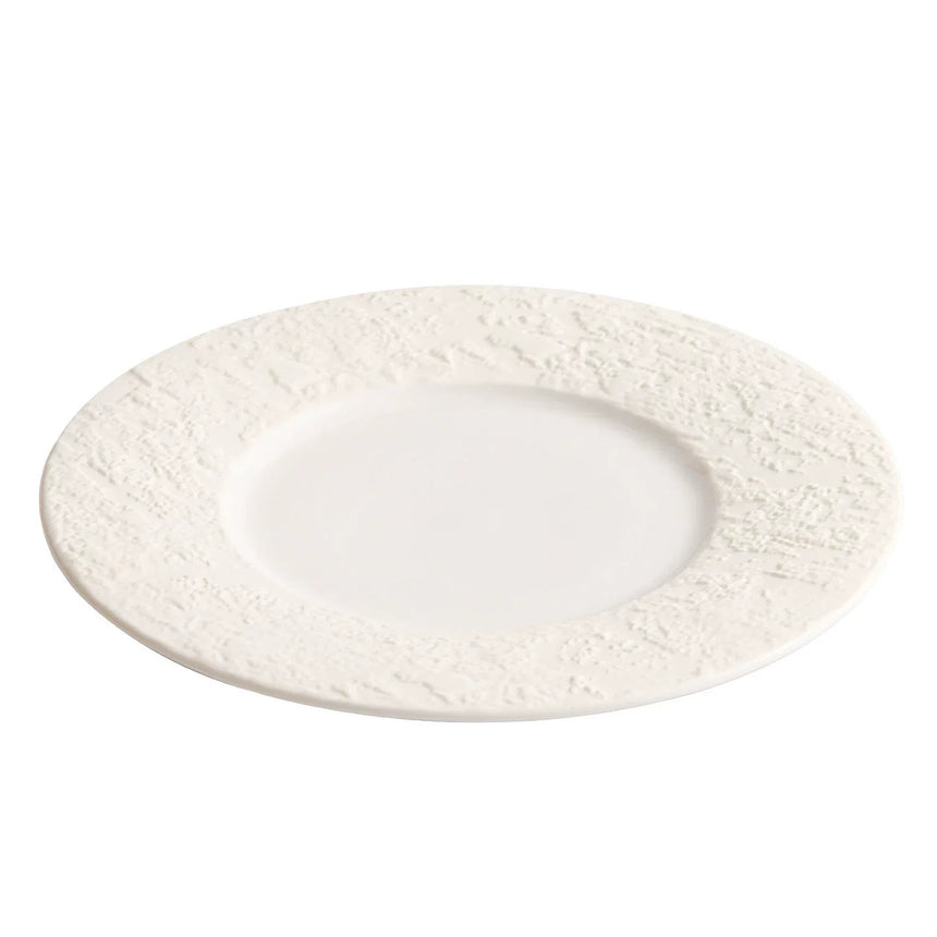 "Phantom Sand" Wide-Rim Ceramic Flat Plate – Minimalist Textured White Dinnerware