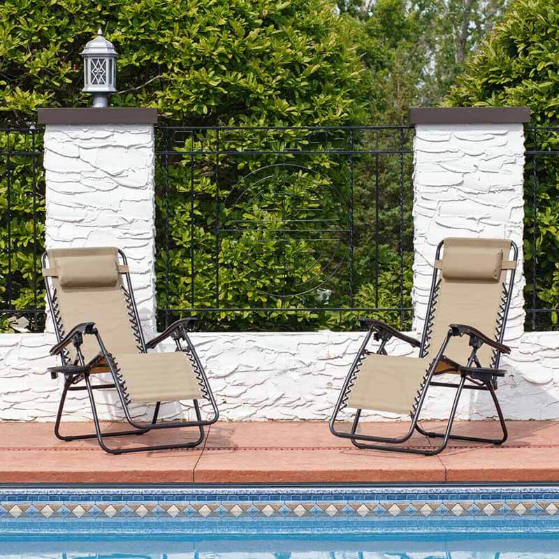 Zero-Gravity Garden Chair with Cup Holder, Set of 2, Beige